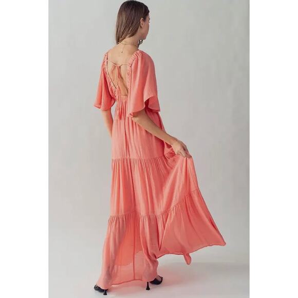 Deep V Neck Tiered Maxi Dress-Coral - Picture 2 of 4